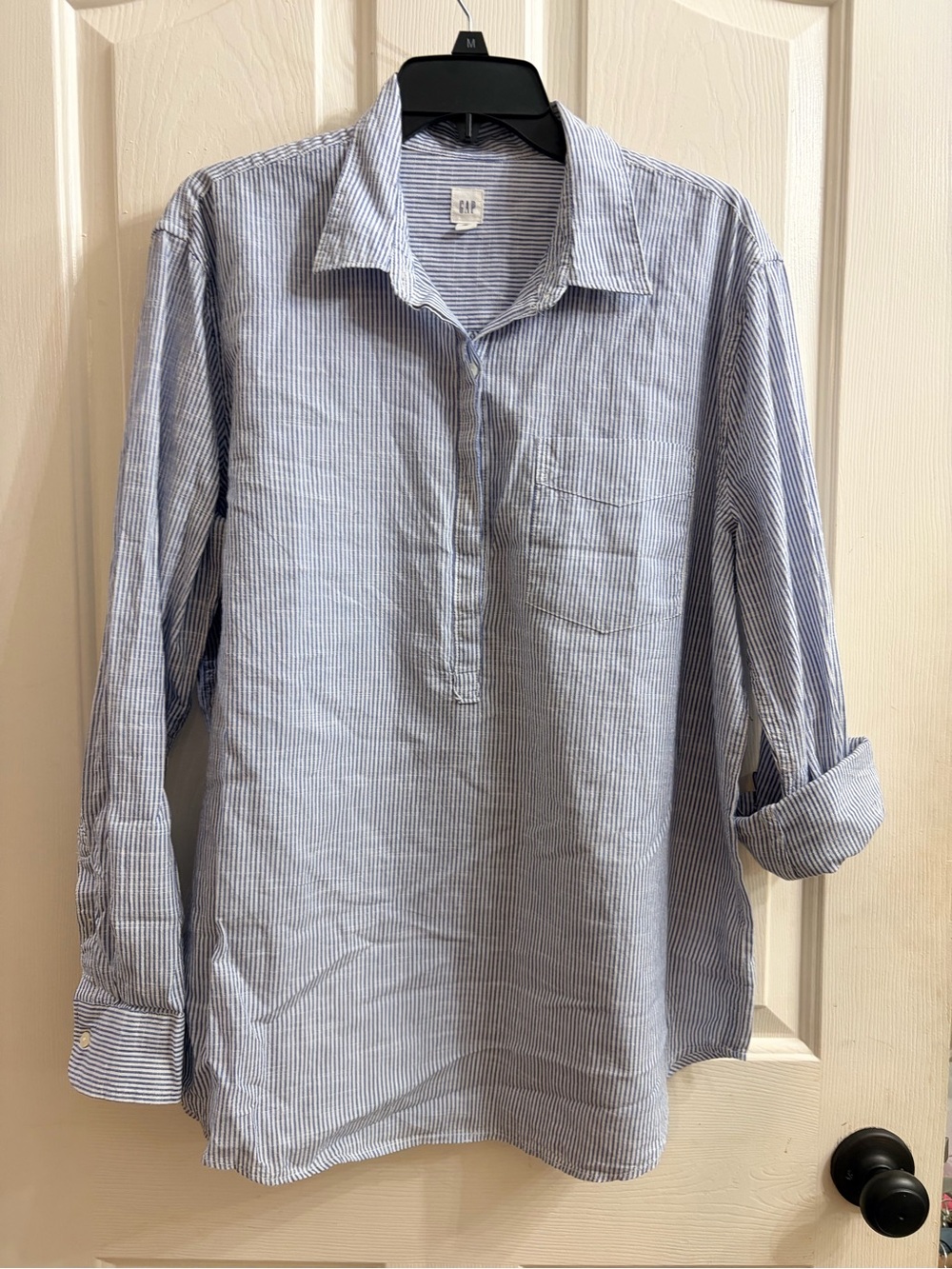 GAP Women's Light Blue and White Pinstripe Button-Down Shirt